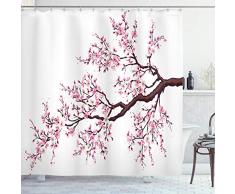 Japanische Vorhang für die Dusche von ambesonne, Branch of a blühenden Sakura Baum Blumen Kirschblüten Frühling Kunst, Stoff Badezimmer Decor Set mit Haken, Pink dunkelbraun, Textil, Multi 10, 69W x 70L