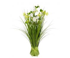 Grasbusch mit Blumen, Blüten, Eier und Schleife, Künstlicher Gras Bund stehend, Grasbündel, Dekogras, Kunstgras, Ziergras, Grasbüschel, Grasarrangement, Gräser, Schilf, Osterdeko, Frühjahrsdekoration