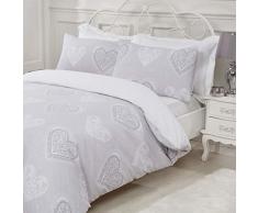 Sleepdown Decorative-Hearts-Bedding Single-Grey Dekorative Herzen Set Einzel-Grau Wende-Bettwäsche und Kissenbezüge, Baumwollmischung, Einzelbett