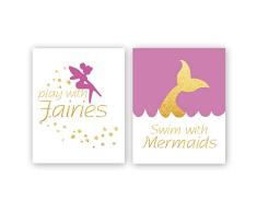 Fairy Typographie Kunstdruck, Aquarell, Märchen, lustige Schriftzüge, Kunstdruck, Meerjungfrau, Wanddekoration, tolles Geschenk für Kinderzimmer (Set mit 2 Stück, 20,3 x 25,4 cm, ungerahmt)
