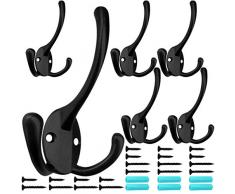 IBosins Kleiderhaken mit 3 Zinken, zur Wandmontage mit 24 Schrauben (Zwei Arten von Schrauben im Lieferumfang enthalten), Retro-Doppel-Haken für Dickes Mantel, große schwere Taschen, 6 Stück schwarz