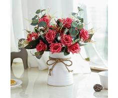 YILIYAJIA Künstliche Rose Blumensträuße mit Keramik Vase Fake Seide Rose Blumen Dekoration für Tisch Home Office Hochzeit Rot