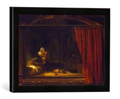 Gerahmtes Bild von Rembrandt Harmensz van Rijn Die heilige Familie mit einem gemalten Rahmen und Vorhang - sog. Holzhackerfamilie, Kunstdruck im hochwertigen handgefertigten Bilder-Rahmen, 40x30 cm, Schwarz matt