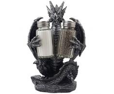 Mythical Dragon Salt and Pepper Shaker Set with Holder Figurine for Medieval & Fantasy Bar or Kitchen Table Decor Sculptures and Gothic Gifts by Home-n-Gifts