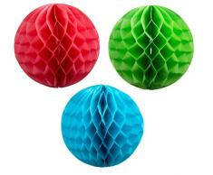 Fackelmann Wabenbälle TROPICAL, Pompoms aus Papier, Dekoration für jede Party (Farbe: Koralle, Grün, Blau), Menge: 3 Stück
