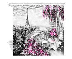 NYMB Paris Duschvorhang City Landscape Abstrakte Blume Eiffelturm Frankreich Tapeten Romantische Moderne Kunst Wasserdicht Bad Vorhang Badezimmer Zubehör Set mit Haken 177,9 x 177,8 cm Grau