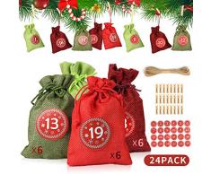 EZESO ESSENTIAL SKINCARE Adventskalender Geschenktüten, 24 Stück, Beutel mit Kordelzug, Jute, Süßigkeitentasche, Dekorationen mit 24 Zahlenaufklebern, 24 Holzclips, 10 m Hanfseil Sackleinen a