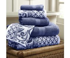 Amrapur Overseas | Trefoil filigranes 6-teiliges wendbares Garn gefärbtes Jacquard Handtuch-Set (Indigo)