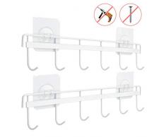 Yizhi 6 Haken Rack Küchenschiene, Utensilienhalter, Wandaufhängung, ohne Bohren an der Wand montierter Aufbewahrungshaken Zubehör Kleiderbügel für Küche Badezimmer Schlafzimmer Schrank Tür 2 Stück weiß