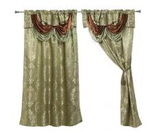 Gardinenvorhang, Jacquard-Fenster, 213,4 cm lang, mit befestigtem Volant, durchscheinende Rückseite + Quasten, traditionelles 213 cm Vorhang-Set für Wohnzimmer, Esszimmer oder Terrassentüren, schwere Qualität 84 Length graugrün