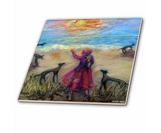 3dRose CT 66319 _ 1 Seaside Girl und Windhunde, altertümlich Mädchen in pink spielt mit Hunde auf der Beach-Ceramic Fliesen, 4-Zoll