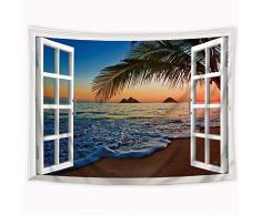 Riyidecor Pacific Sunrise Tapisserie Hawaiian Strand Meer tropisch bunten Himmel Ozeanoberfläche Landschaft Palmen Blätter Fenster 152,4 x 203,2 cm Wand hängend Schlafzimmer Wohnzimmer Dekor Blau Orange