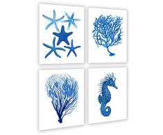Gnosis Picture Archive Blue Beach Wandtattoo Decor Set von 4 Sea gerahmt Korallen Seepferdchen Seestern Strand Badezimmer Art Prints