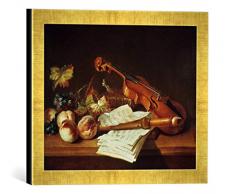 Gerahmtes Bild von Jean-Baptiste Oudry Stilleben mit Violine und Blockflöte, Kunstdruck im hochwertigen handgefertigten Bilder-Rahmen, 40x30 cm, Gold Raya