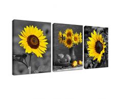 Kunstdruck auf Leinwand, Motiv Sonnenblume, Sonnenuntergang, Landschaftsbilder, modernes Gemälde, Sonnenuntergang, Blumen, Zuhause, Büro, Schlafzimmer, Küche, Dekoration, gelbe Blumen 12x16inchx3pcs Framed Sunflower-d