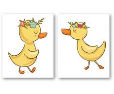 Ramini Brands Baby Kinderzimmer Decor Kunstdrucke – Set von 2 8 x 10 ungerahmt – Enten mit Blumenkranz – tolles Geschenk für Babyzimmer Wanddekoration