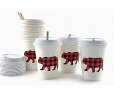 Stesha Party Buffalo Pappbecher mit Deckel und Rührstäbchen, Bärenmotiv, 12 Stück