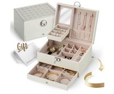 Klassischer Luxus-Schmuckkasten mit Schlüssel für Damen und Mädchen. Schickes schwarzes oder cremefarbenes Innenfutter aus Filz, Scharniere, Spiegel, abschließbarer Riegel. Vielseitige Aufbewahrung. inkl. Reinigungstuch weiß
