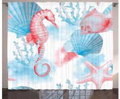 ambesonne Nautical Decor Kollektion, Muscheln Seepferdchen und Fisch SANDY BEACH Exotic stilisiertem Watercolor Effekt, Wohnzimmer Schlafzimmer Vorhang 2 Platten Set, 274,3 x 228,6 cm, Coral Blau Weiß