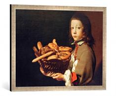 Gerahmtes Bild von Evaristo Baschenis Junge mit Korb voll Brot und Süßigkeiten, Kunstdruck im hochwertigen handgefertigten Bilder-Rahmen, 70x50 cm, Silber Raya