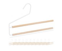 Relaxdays Hosenbügel 12er Set, platzsparend & mehrfach, für Hosen, Jeans & Schals, rutschfest, Holz & Metall, weiß/Natur, 12 Stück