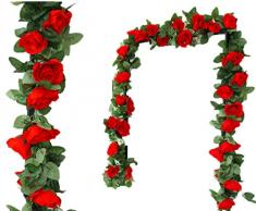 Lannu 2 Stück Künstliche Rose Vine Blumen Fake Girlande Ivy Blumen Seide zum Aufhängen Garland Pflanzen für Home Hochzeit Party Dekorationen 16 Heads Red