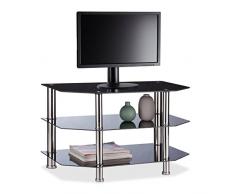 Relaxdays Fernsehtisch Schwarzglas, 3 gehärtete Glasablagen, gummierte Standfüße, Edelstahl, 49x80x45cm, schwarz/Silber