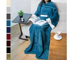 PAVILIA Deluxe Fleece Decke mit Ärmeln für Erwachsene, Herren, und Women| Elegante, Cozy, Warm, Extra Weich, Plüsch, funktional, Leicht Tragbar Überwurf 50 x 70 inches Ozeanblau
