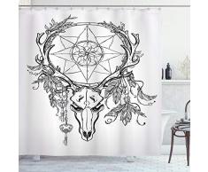 Ambesonne Baddekoration Kollektion Japanischer Garten mit Blumen Pflanzen und Gras Panoramabild durch rustikale Holzfenster, Badezimmerset mit Haken, Stoff-Duschvorhang, Textil, Multi 12, Standard 69 W x 70 L