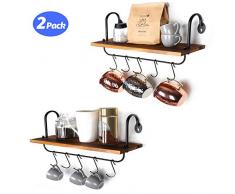 Olakee Wandregal mit 10 verstellbaren Haken für Tassen, Kochutensilien oder Handtuch, rustikal, 2er-Set, 43,2 x 15 cm Schwarz