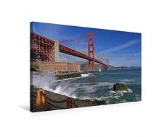 Premium Textil-Leinwand 75 x 50 cm Quer-Format Eindrucksvolle Golden Gate Bridge mit Fort Point über das Golden Gate in Kalifornien, San Francisco. Meer, Wasser, Ruhe, Architektur | Wandbild, HD-Bild auf Keilrahmen, Fertigbild