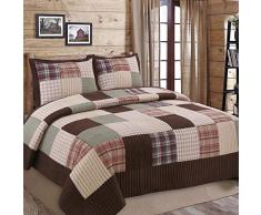 Cozy Line Home Fashions Sanders Bettwäsche-Set, 100% Baumwolle, gestreift, echtes Patchwork, rotes Marineblau, wendbar, Tagesdecke, Geschenk für Frauen Casual King - 3 Piece Brown Grid
