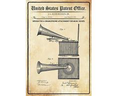 United States Patent Office - Design for a Gramophone Attachment for Music Boxes - Entwurf für einen Schallplattenaufsatz für Spieluhren - Schureman - 1904 - Design No 755946 - Blechschild