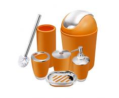 O2 Tech 6-teiliges Badezimmerzubehör-Set aus Kunststoff, Bade-Set mit Lotionsflaschen, Zahnbürstenhalter, Zahnbecher, Seifenschale, Toilettenbürste, Mülleimer Orange