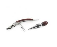 Galileo Casa 2197557 Weinflaschen-Set, Stöpsel und Korkenzieher, Stahl und Holz