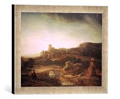 Gerahmtes Bild von Harmensz Van Rijn Rembrandt Flußlandschaft mit Windmühle, Kunstdruck im hochwertigen handgefertigten Bilder-Rahmen, 40x30 cm, Silber Raya