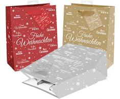 25 Geschenktaschen aus Papier mit Glitter, Merry X-Mas, 3 Farben (12x rot, 7x gold, 6x silber)