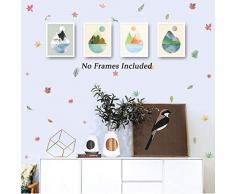 Chdib Leinwandgemälde, ungerahmt, abstrakte Bergkunst, geometrische Landschaft, 4-teiliges Set (20,3 x 25,4 cm) + Vinyl-Blätter Blumen Vögel Aufkleber (28 Stück), Sonnenaufgang Sonnenuntergang Wandkunst für Wohnzimmer, Schlafzimmer, Dekoration