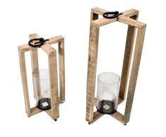 Benjara Laterne aus Holz, mit Glas-Hurricane, Braun