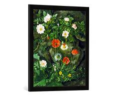 Gerahmtes Bild von Augusta Laessoe Wildrosen, Mohnblumen und Gänseblümchen an Einer Steinbank, Kunstdruck im hochwertigen handgefertigten Bilder-Rahmen, 50x70 cm, Schwarz matt