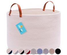 OrganiHaus XXL Extra großer Baumwollseil Korb mit Griffen aus echtem Leder - Breite 50,8 x 33,8 cm - Dekokorb mit Griffen aus echtem Leder Wide (20x13.3) beige