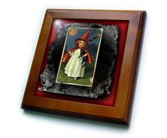3dRose ft_6195_1 Vintage Halloween Witch Girl and Black Cat Framed Tile, 8 by 8-Inch