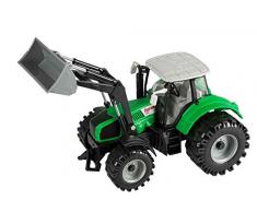 Idena 40290 - Traktor mit beweglichem Frontlader, Schwungradantrieb, Anhängerkupplung und aufklappbarer Motorhaube, ca. 29 cm