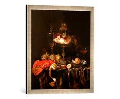 Gerahmtes Bild von Abraham Hendricksz Van Beyeren Stilleben mit Früchten und Hummer, Kunstdruck im hochwertigen handgefertigten Bilder-Rahmen, 50x50 cm, Silber Raya