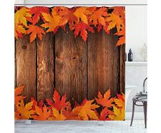 Fall Decor Vorhang für die Dusche von ambesonne, Dry Blätter gegossen auf Holzbrett Kabine Cottage Rustikal Landhaus, Stoff Badezimmer Decor Set mit Haken, Scarlet braun orange, Textil, Multi 1, 69W x 70L