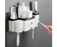 Wekity Zahnbürstenhalter und automatischer Zahnpasta-Spender, zur Wandmontage, platzsparende Zahnbürstenaufbewahrung mit staubdichtem Deckel, 2 Tassen und Doppelschubladen, Kosmetik-Organizer