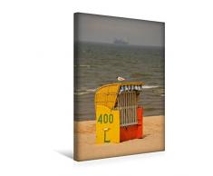 Premium Textil-Leinwand 30 x 45 cm Hoch-Format Strandkorb mit Möwe | Wandbild, HD-Bild auf Keilrahmen, Fertigbild auf hochwertigem Vlies, Leinwanddruck von Martina Berg