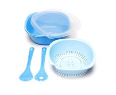 Amuse A-000094, blau Salatschüssel, Frischhaltedosen Set geeignet für Haushalt & Camping, Aufbewahrungsbox mit Deckel, Sieb & Besteck, Schüssel, Kunststoff