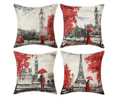 MIULEE Kissenbezüge für Valentinstag, Motiv: Paris Love, Serie Eiffelturm, Big Ben, Muster, quadratisch, für Sofa, Schlafzimmer, Auto, 45,7 x 45,7 cm, 4 Stück