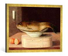 Gerahmtes Bild von Sebastian Stosskopf Stilleben mit Karpfen und Spanschachtel, Kunstdruck im hochwertigen handgefertigten Bilder-Rahmen, 70x50 cm, Gold Raya